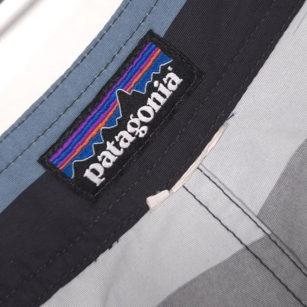 Patagonia Board Shorts 36 Swim Trunks Men's Blue Navy Stripe Zip Pocket‎ Unlined
